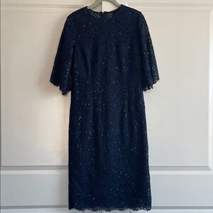 Teri Jon Elegant Navy Lace Midi Dress